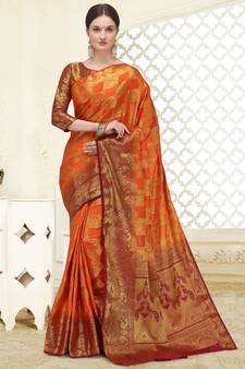 Orange printed art silk saree saree with blouse