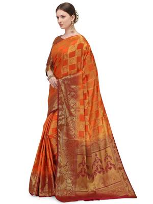 Orange printed art silk saree saree with blouse 2