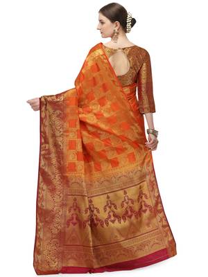 Orange printed art silk saree saree with blouse 3