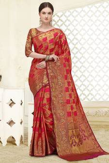 Pink printed silk blend saree saree with blouse