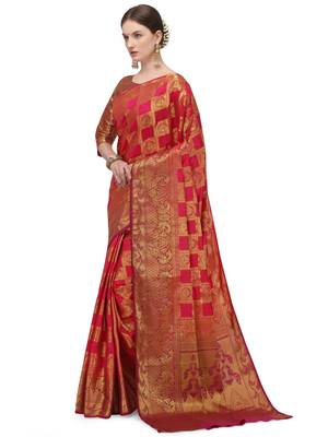 Pink printed silk blend saree saree with blouse 2
