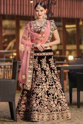 Dark-maroon embroidered velvet semi stitched lehenga 1