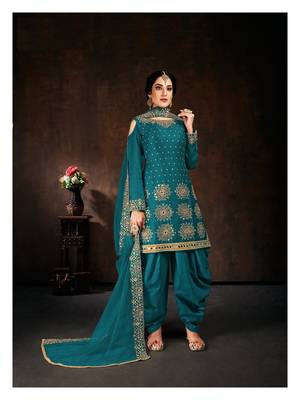 Dark-cyan embroidered cotton silk salwar 1
