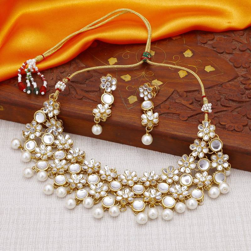 Sukkhi Traditional Kundan Gold Plated Pearl Choker Necklace Set for Women