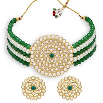 Sukkhi Classy Gold Plated Green & White Pearl Choker Necklace Set for Women 1
