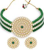 Sukkhi Classy Gold Plated Green & White Pearl Choker Necklace Set for Women