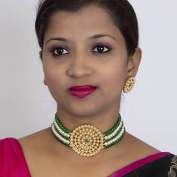 Sukkhi Classy Gold Plated Green & White Pearl Choker Necklace Set for Women 2