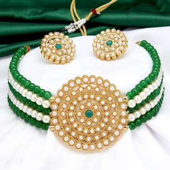 Sukkhi Classy Gold Plated Green & White Pearl Choker Necklace Set for Women 3