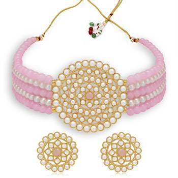 Sukkhi Glimmery Gold Plated Pink & White Pearl Choker Necklace Set for Women 1