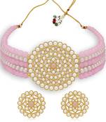 Sukkhi Glimmery Gold Plated Pink & White Pearl Choker Necklace Set for Women