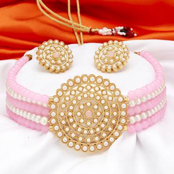 Sukkhi Glimmery Gold Plated Pink & White Pearl Choker Necklace Set for Women 3