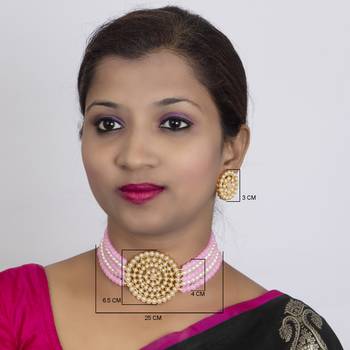 Sukkhi Glimmery Gold Plated Pink & White Pearl Choker Necklace Set for Women 4
