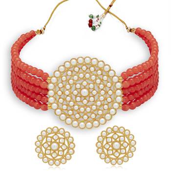 Sukkhi Exclusive Gold Plated Light Red Pearl Choker Necklace Set for Women 1
