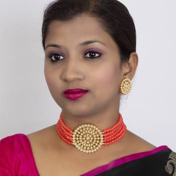 Sukkhi Exclusive Gold Plated Light Red Pearl Choker Necklace Set for Women 2
