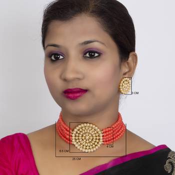 Sukkhi Exclusive Gold Plated Light Red Pearl Choker Necklace Set for Women 4