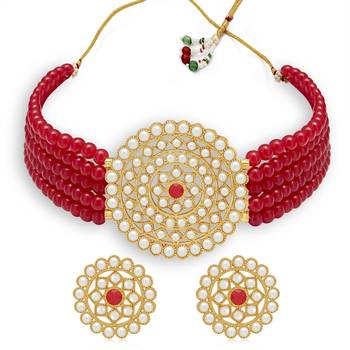 Sukkhi Eye-Catching Gold Plated Red Pearl Choker Necklace Set for Women 1