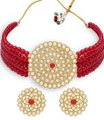 Sukkhi Eye-Catching Gold Plated Red Pearl Choker Necklace Set for Women