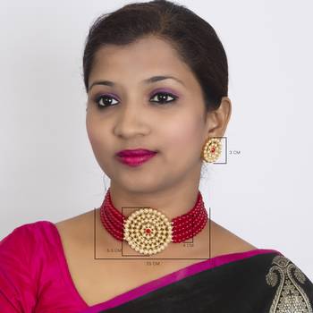Sukkhi Eye-Catching Gold Plated Red Pearl Choker Necklace Set for Women 4