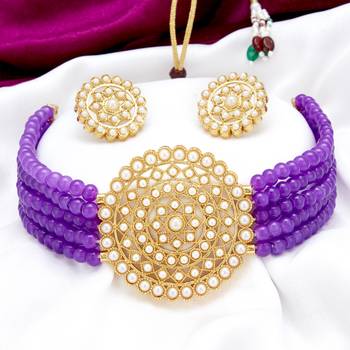 Sukkhi Classic Gold Plated Purple Pearl Choker Necklace Set for Women 3