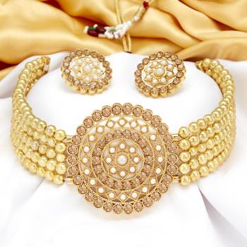 Sukkhi Attractive Gold Plated Golden LCT Pearl Choker Necklace Set for Women 3
