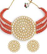 Sukkhi Modern Gold Plated Light Red & White Pearl Choker Necklace Set for Women