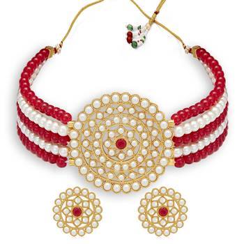 Sukkhi Cluster Gold Plated Red & White Pearl Choker Necklace Set for Women 1