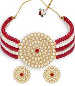 Sukkhi Cluster Gold Plated Red & White Pearl Choker Necklace Set for Women