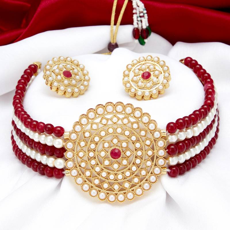Sukkhi Stunning Gold Plated Maroon & White Pearl Choker Necklace Set for Women