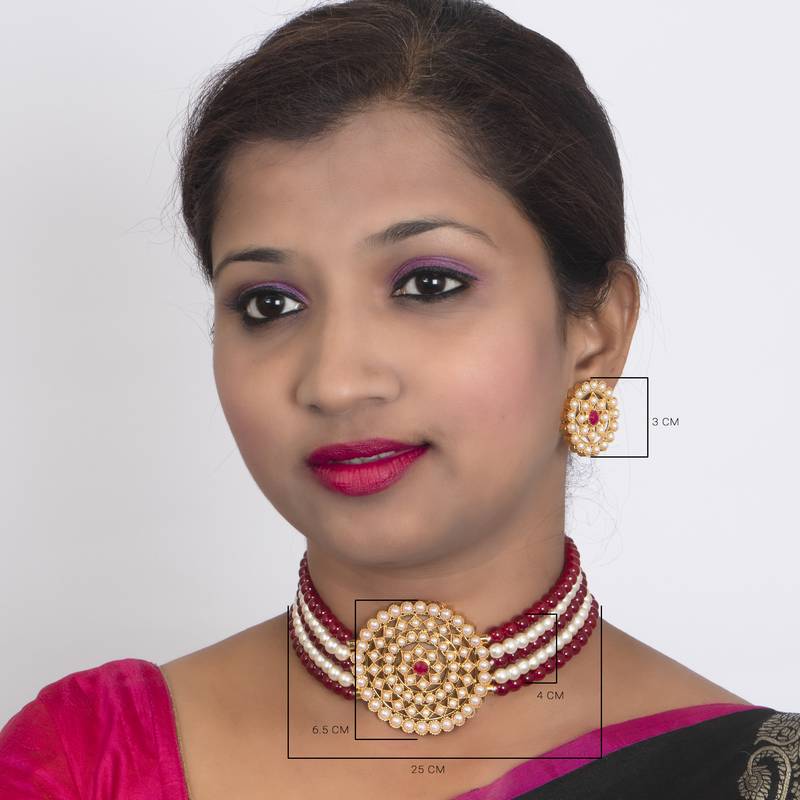 Sukkhi Stunning Gold Plated Maroon & White Pearl Choker Necklace Set for Women