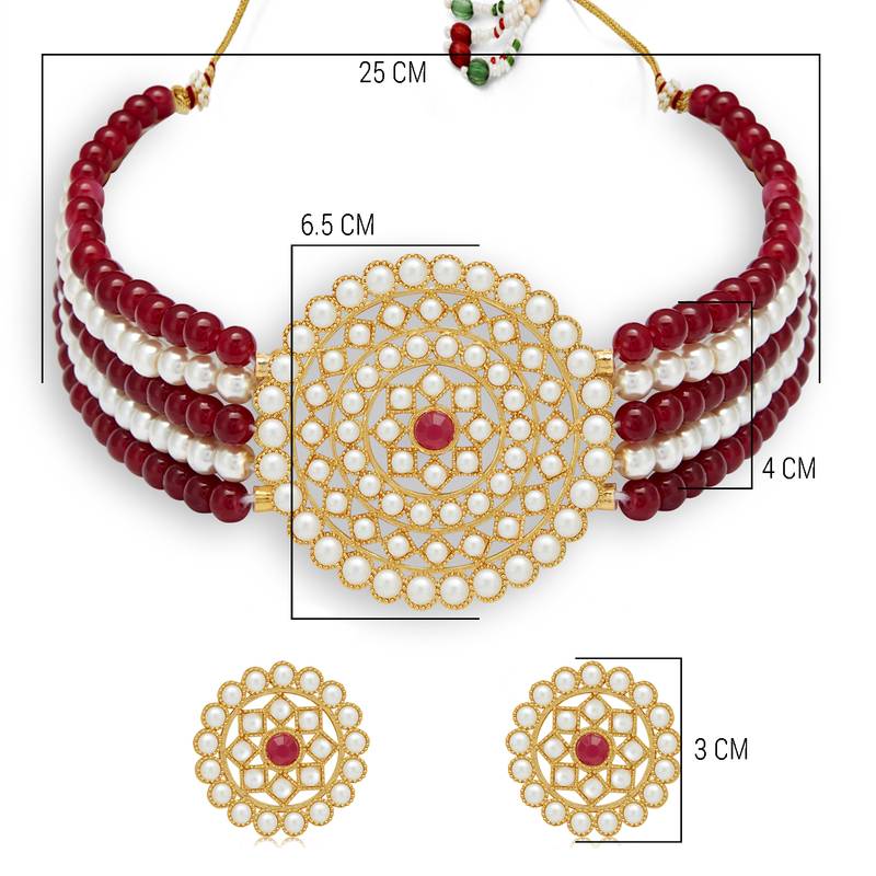 Sukkhi Stunning Gold Plated Maroon & White Pearl Choker Necklace Set for Women