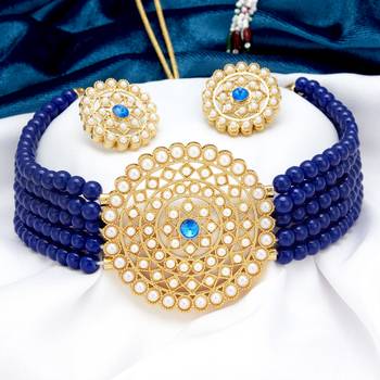 Sukkhi Lovely Gold Plated Dark Blue Pearl Choker Necklace Set for Women 3