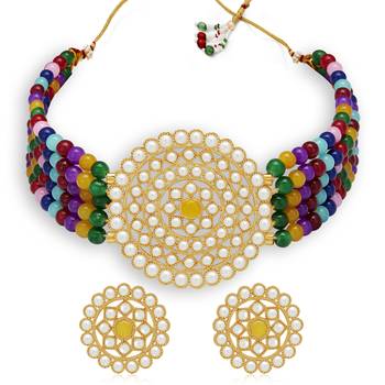 Sukkhi Pretty Gold Plated Multi-Color Pearl Choker Necklace Set for Women 1