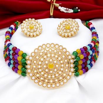 Sukkhi Pretty Gold Plated Multi-Color Pearl Choker Necklace Set for Women 3