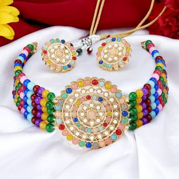 Sukkhi Designer Gold Plated Multi-Color Pearl Choker Necklace Set for Women 3