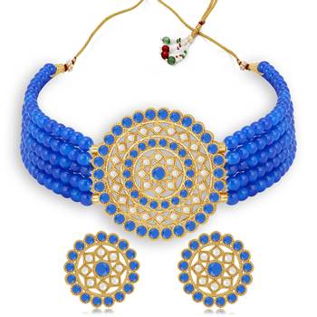 Sukkhi Lavish Gold Plated Blue & White Pearl Choker Necklace Set for Women 1