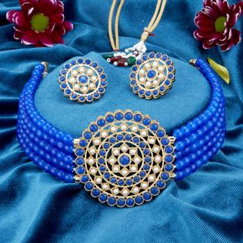 Sukkhi Lavish Gold Plated Blue & White Pearl Choker Necklace Set for Women 3