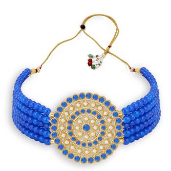 Sukkhi Lavish Gold Plated Blue & White Pearl Choker Necklace Set for Women 5