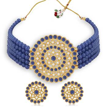 Sukkhi Marvellous Gold Plated Dark Blue & White Pearl Choker Necklace Set for Women 1