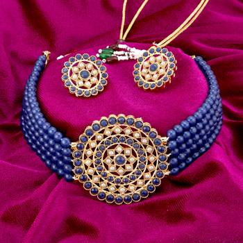 Sukkhi Marvellous Gold Plated Dark Blue & White Pearl Choker Necklace Set for Women 3