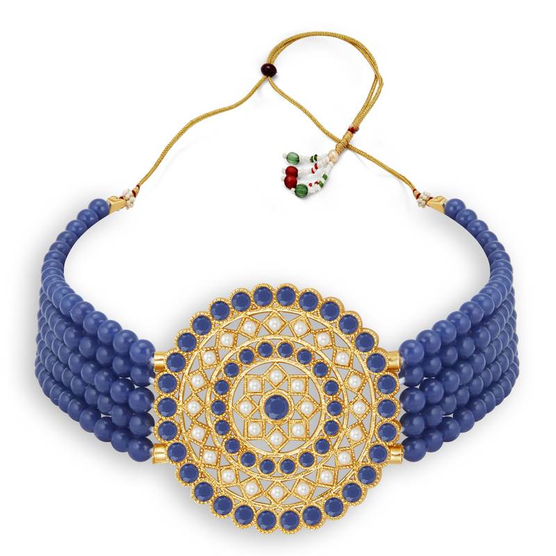 Sukkhi Marvellous Gold Plated Dark Blue & White Pearl Choker Necklace Set for Women
