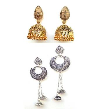 2 pair of Oxidized Gold / silver  plated Alloy metal jhumki Earrings for women & Girls 3