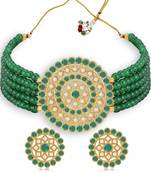 Sukkhi Amazing Gold Plated Green & White Pearl Choker Necklace Set for Women