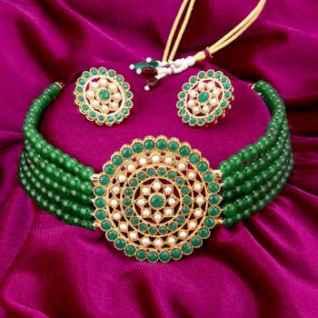 Sukkhi Amazing Gold Plated Green & White Pearl Choker Necklace Set for Women 3