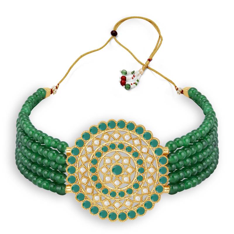 Sukkhi Amazing Gold Plated Green & White Pearl Choker Necklace Set for Women