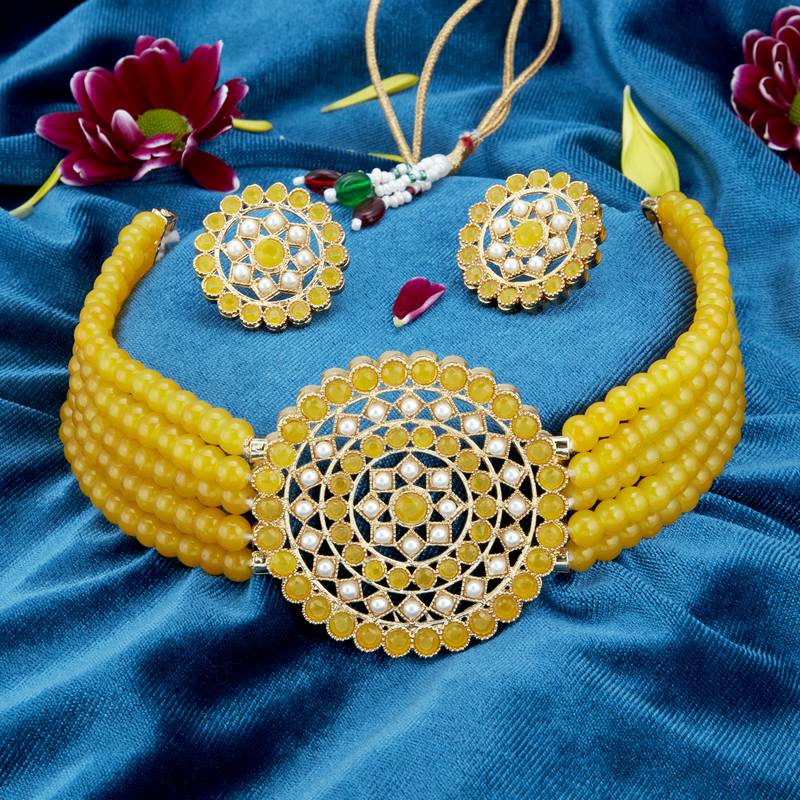 Sukkhi Dazzling Gold Plated Yellow & White Pearl Choker Necklace Set for Women