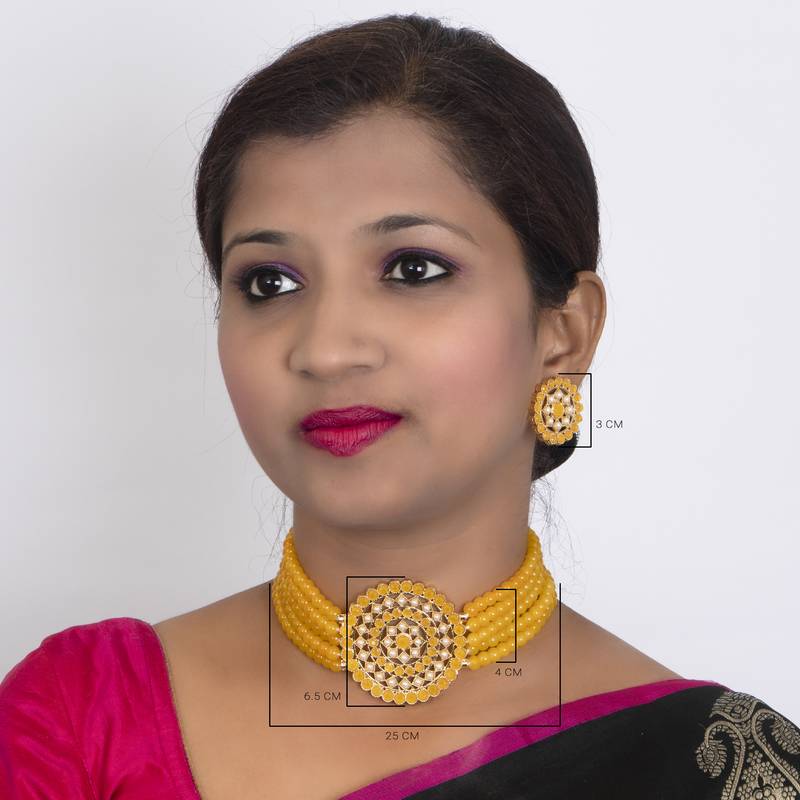 Sukkhi Dazzling Gold Plated Yellow & White Pearl Choker Necklace Set for Women
