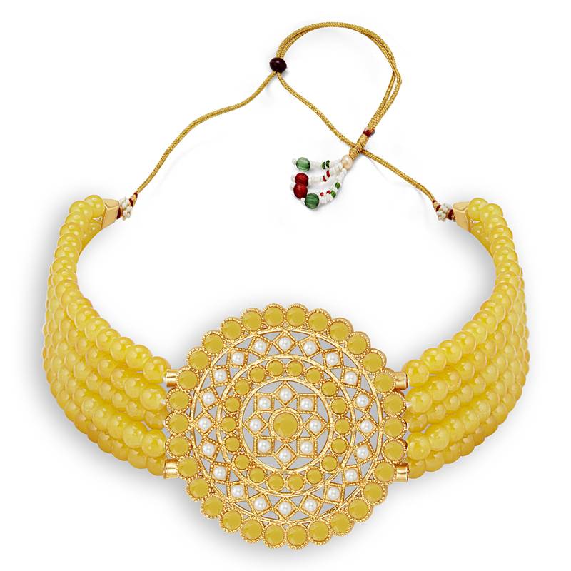 Sukkhi Dazzling Gold Plated Yellow & White Pearl Choker Necklace Set for Women