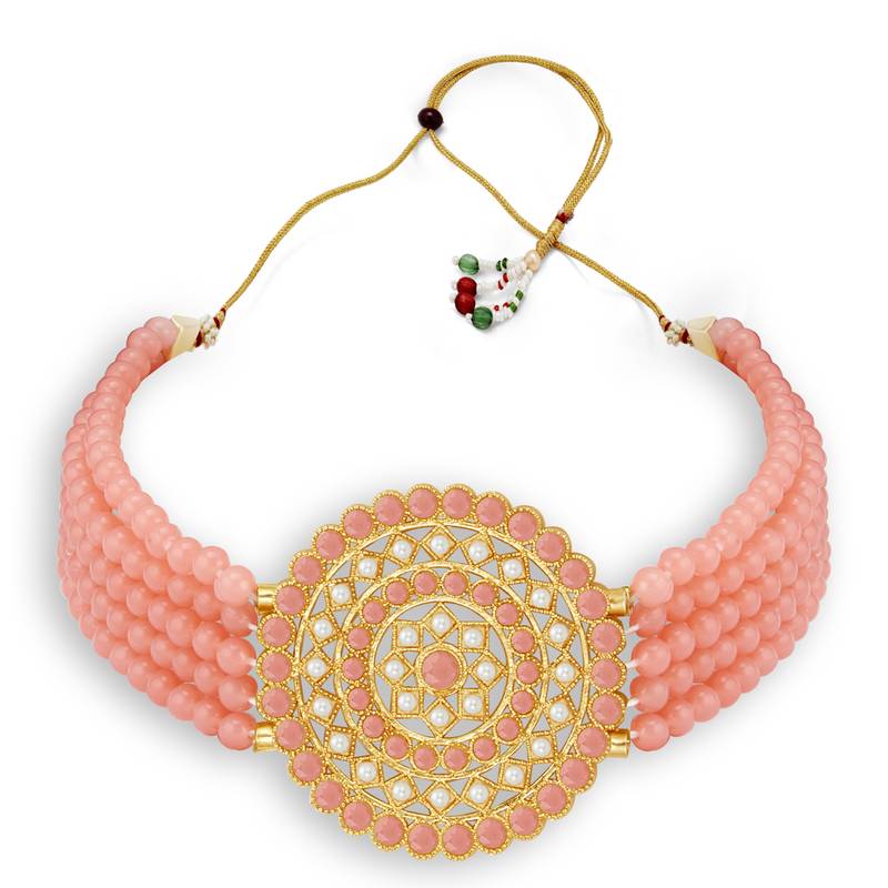 Sukkhi Pretty Gold Plated Baby Pink & White Pearl Choker Necklace Set for Women