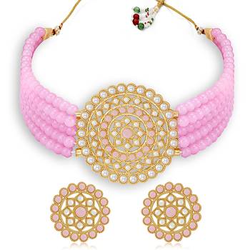 Sukkhi Classic Gold Plated Pastel Pink & White Pearl Choker Necklace Set for Women 1