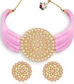 Sukkhi Classic Gold Plated Pastel Pink & White Pearl Choker Necklace Set for Women